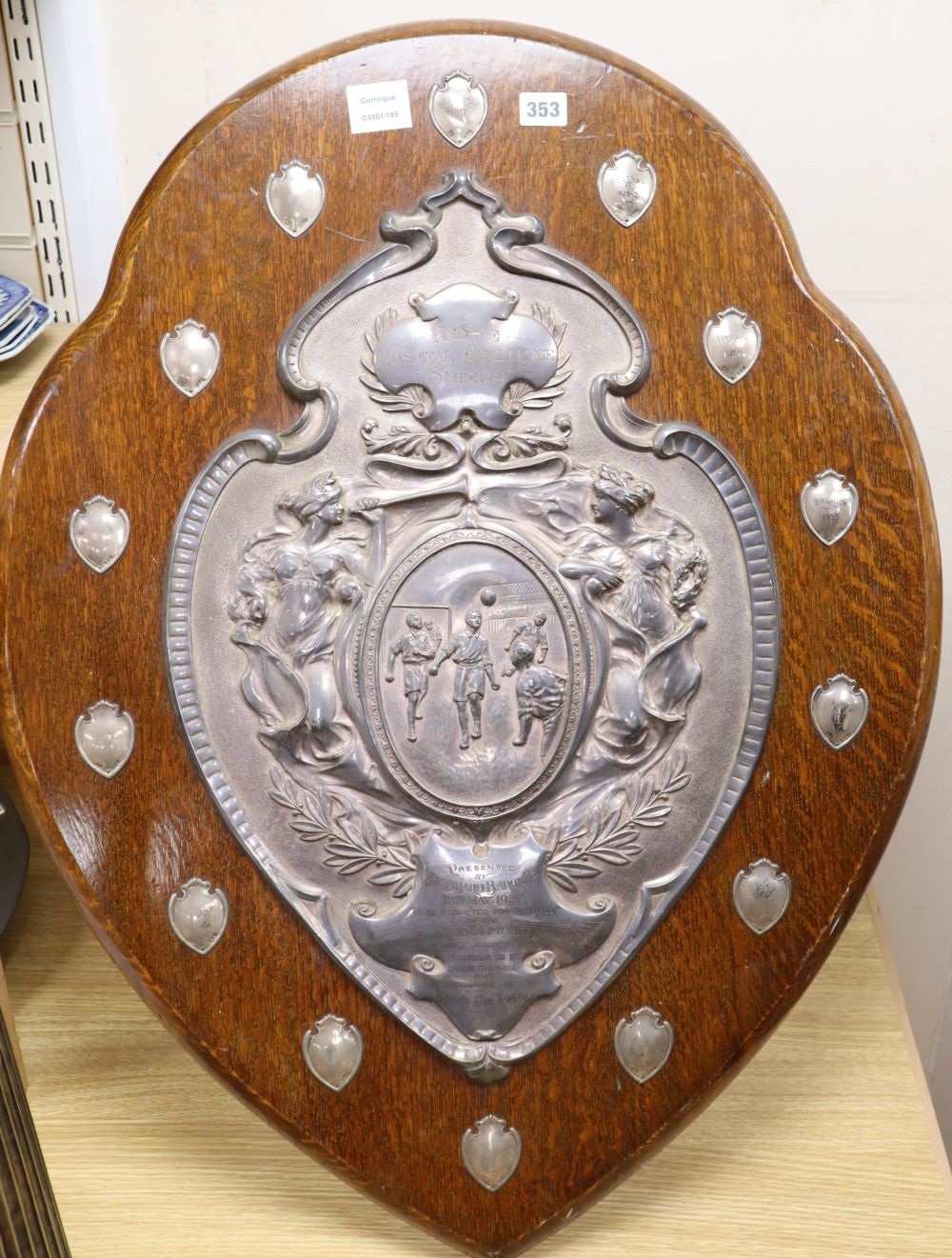 A 1972 Hove Hospital Challenge Football shield, plaque reads Presented by Bernhad Barone Esq, 18th May 1927 to be competed for annuall